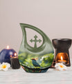 Sparrow themed 10 inch Medium memorial urn, Cross Drop
