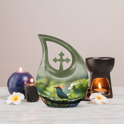 Sparrow themed 10 inch Medium memorial urn, Cross Drop