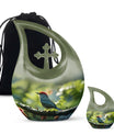 Sparrow themed 10 inch Medium memorial urn, Cross Drop