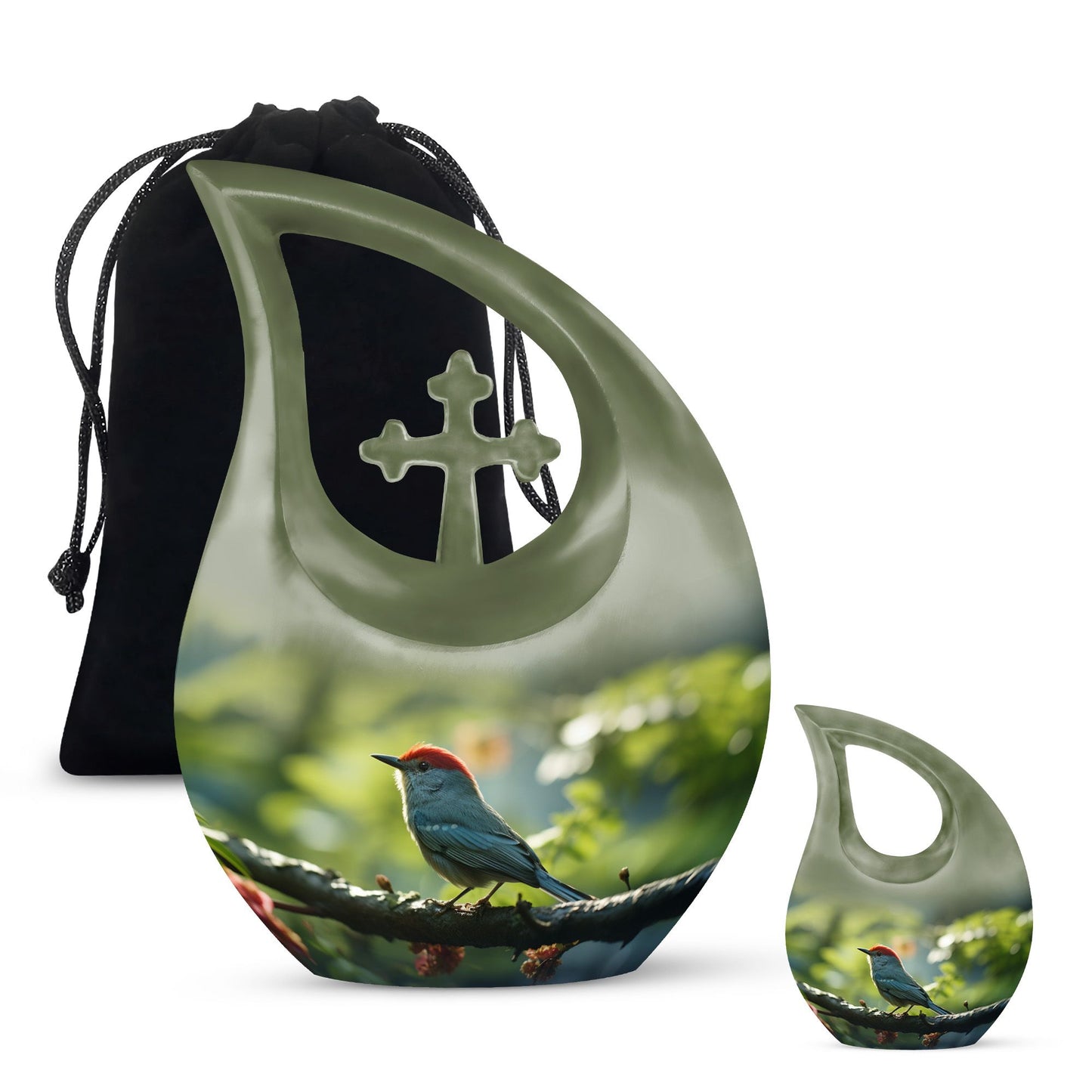 Sparrow themed 10 inch Medium memorial urn, Cross Drop