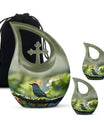 Sparrow themed 10 inch Medium memorial urn, Cross Drop