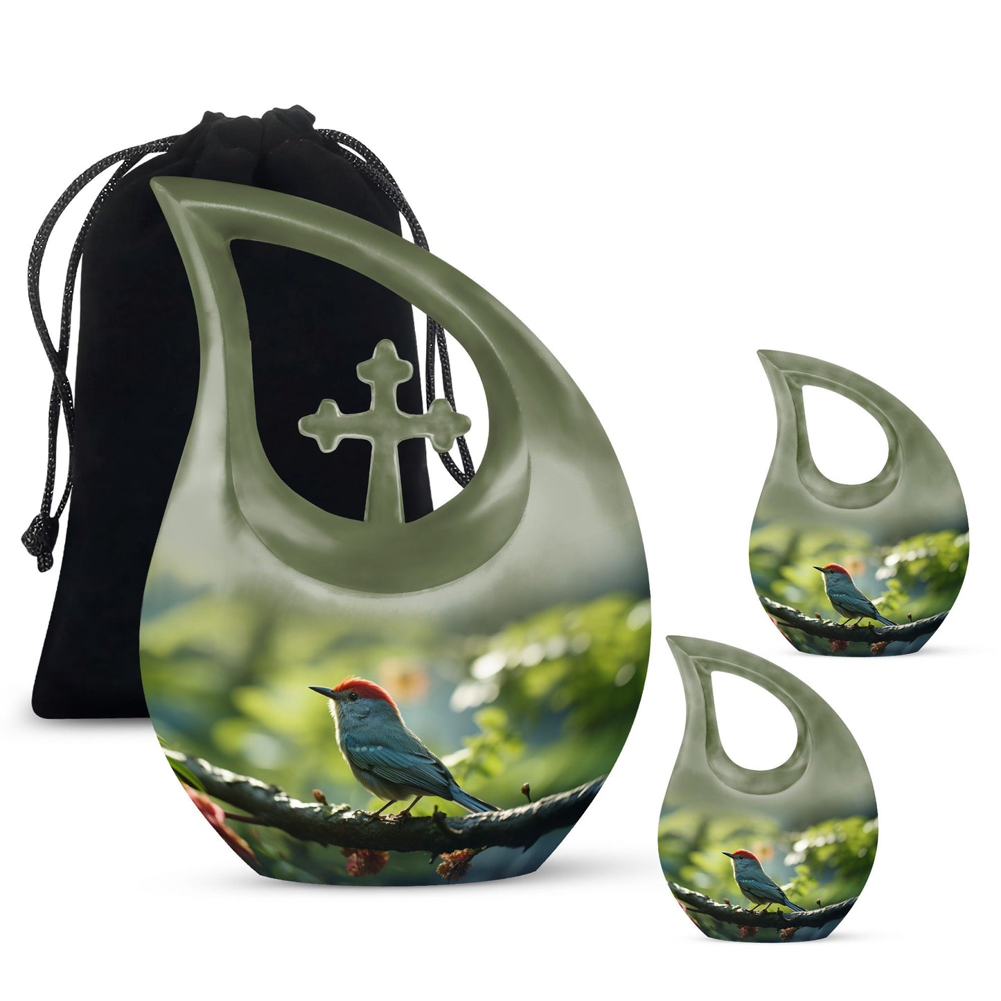 Sparrow themed 10 inch Medium memorial urn, Cross Drop