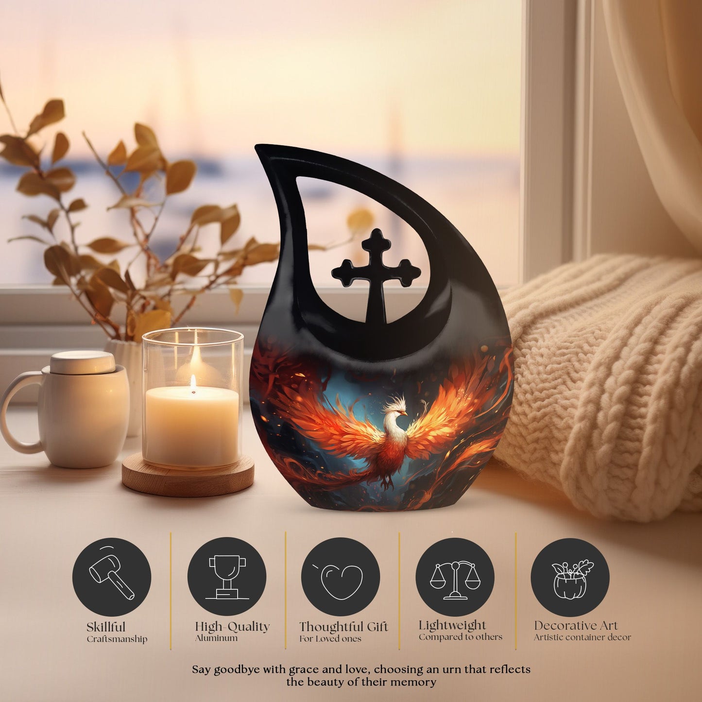 10-inch Phoenix Urn, Modern Cross Drop design,