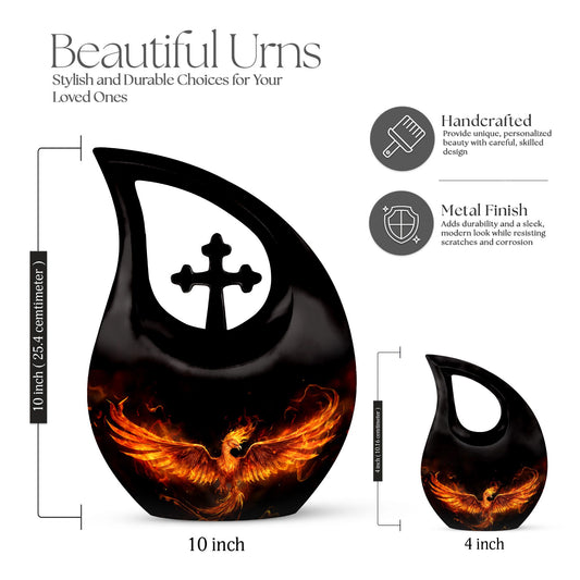 Phoenix themed 10-inch Aluminum Cross Drop Urn