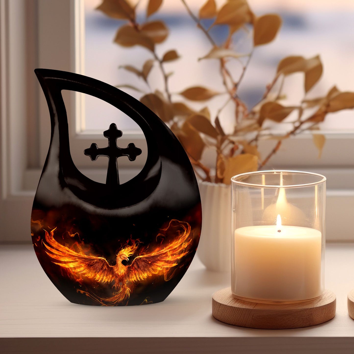 Phoenix themed 10-inch Aluminum Cross Drop Urn