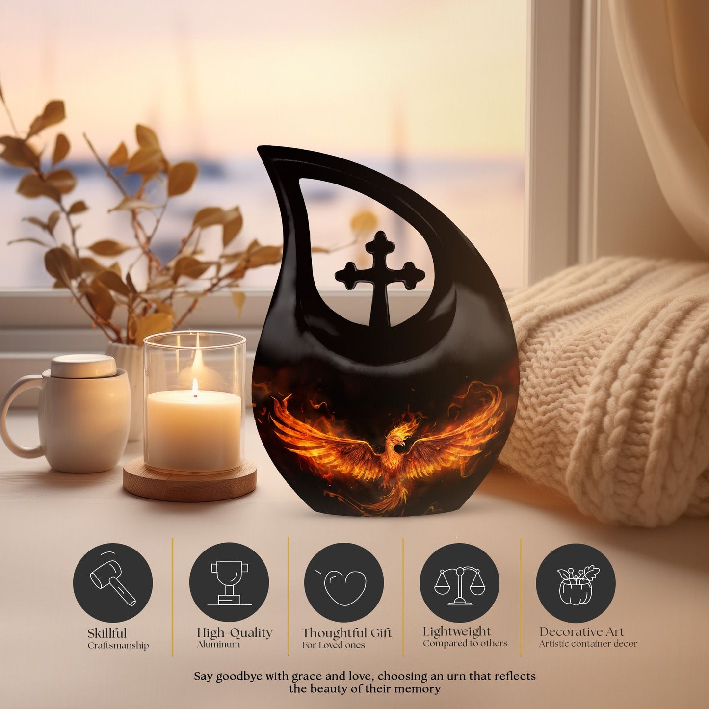 Phoenix themed 10-inch Aluminum Cross Drop Urn