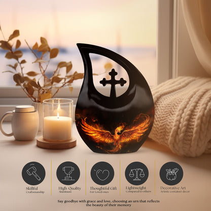 Phoenix themed 10-inch Aluminum Cross Drop Urn
