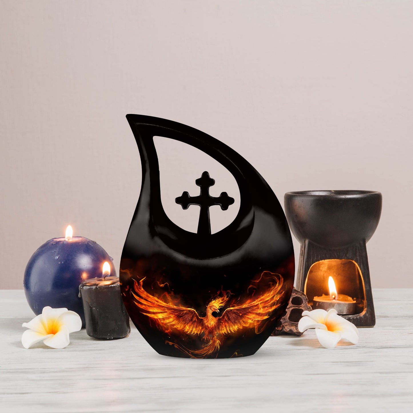 Phoenix themed 10-inch Aluminum Cross Drop Urn