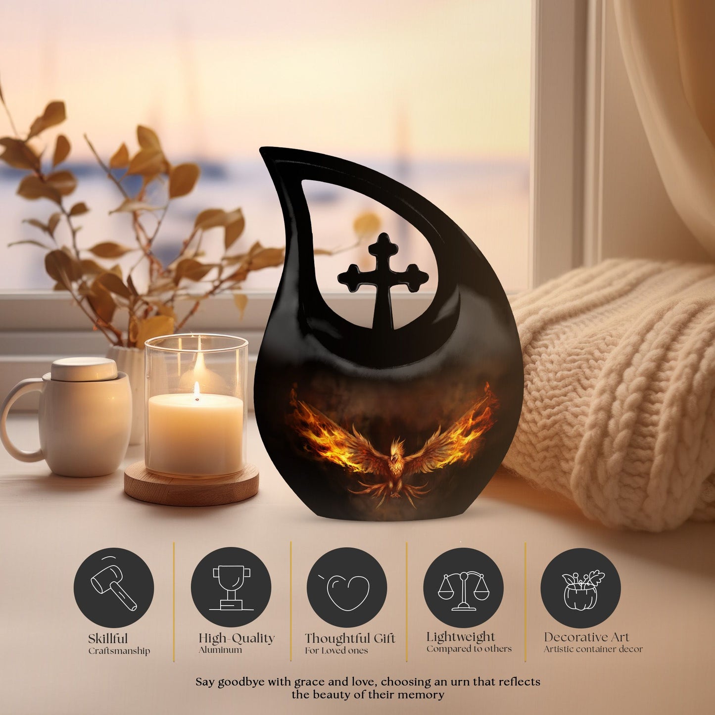 10-inch Phoenix urn with cross drop design, 