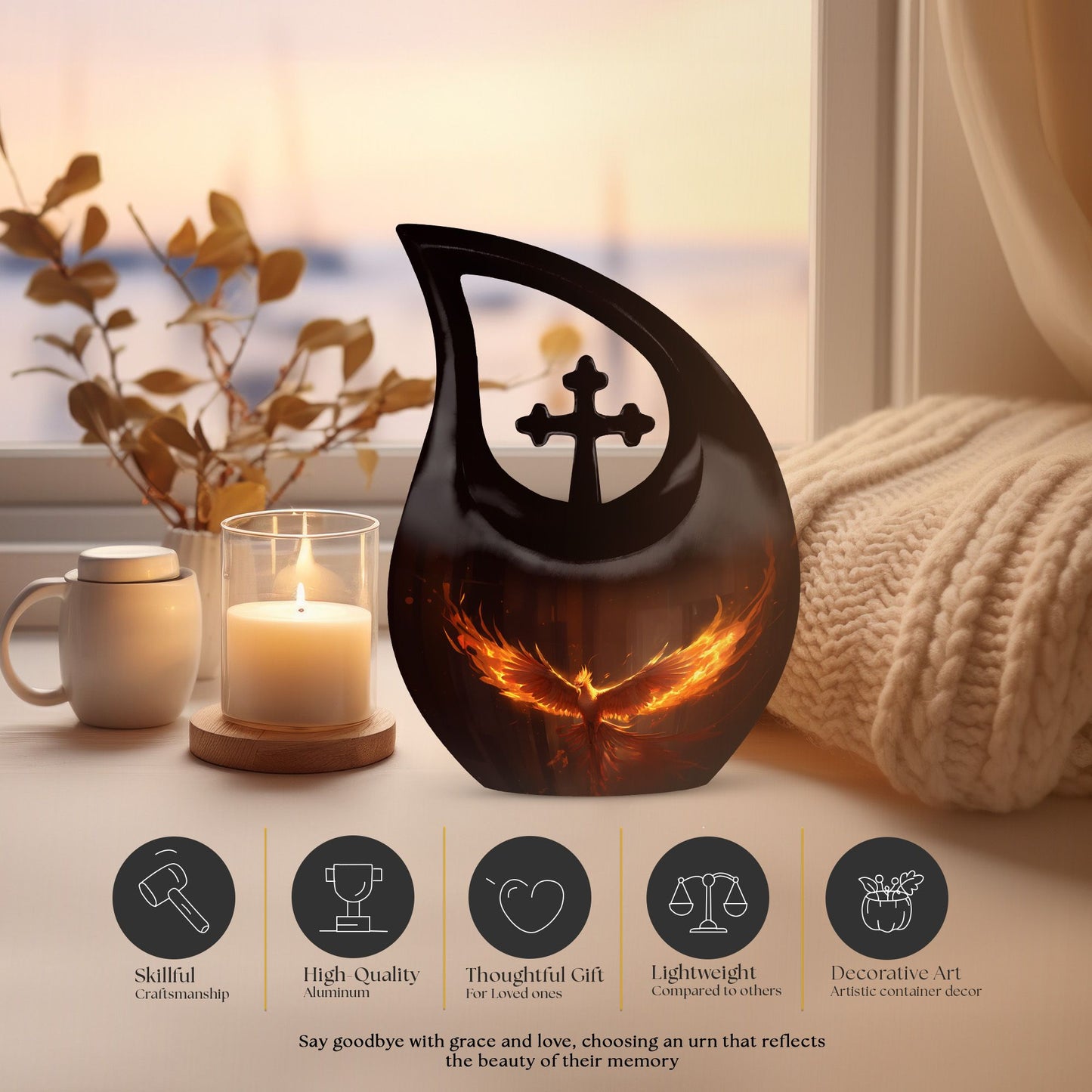 10 inch Phoenix Urn with Cross Drop design for burial, 