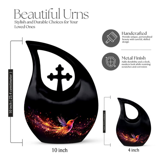 10-inch Phoenix Urn, Double Cremation Urn with Cross Drop 