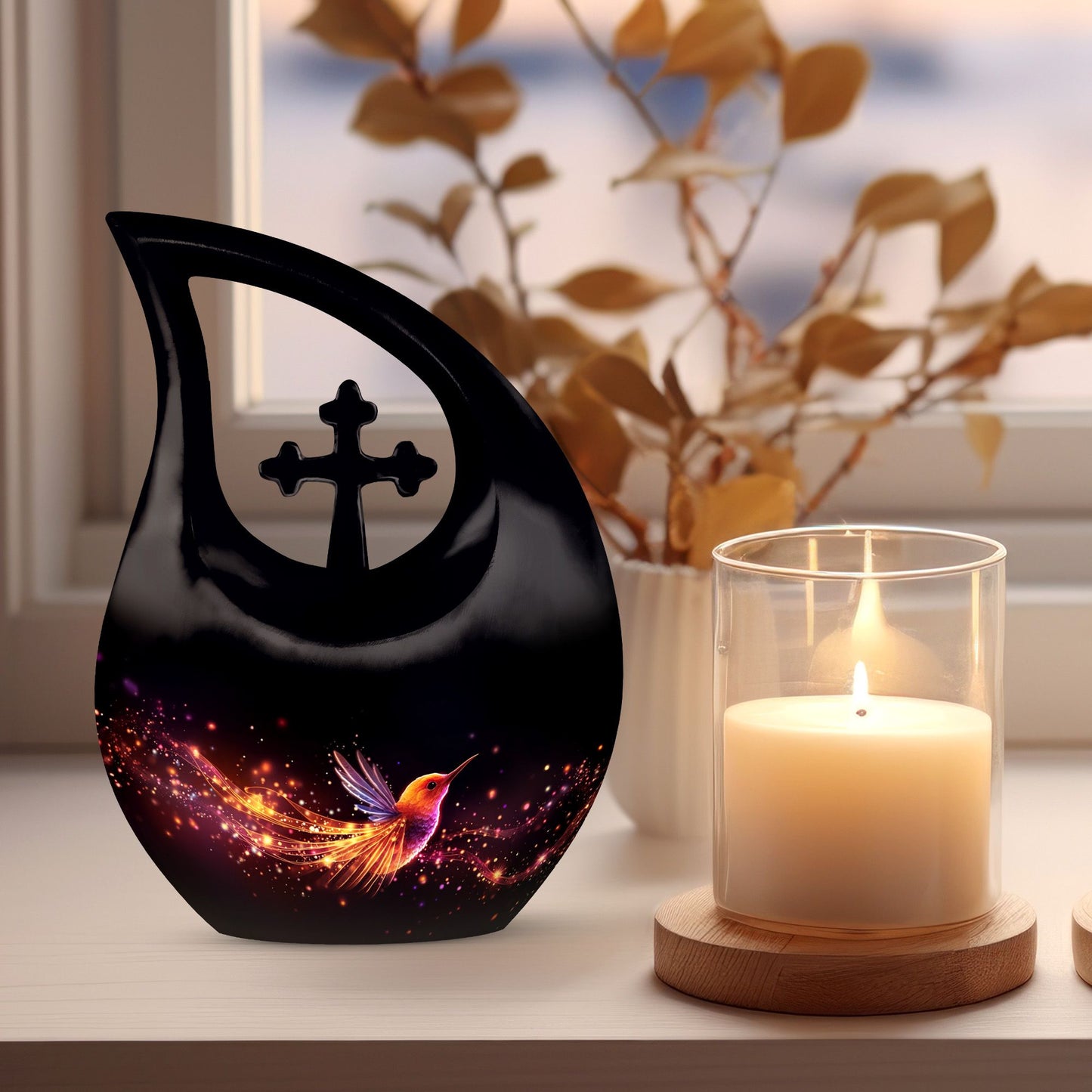 10-inch Phoenix Urn, Double Cremation Urn with Cross Drop 