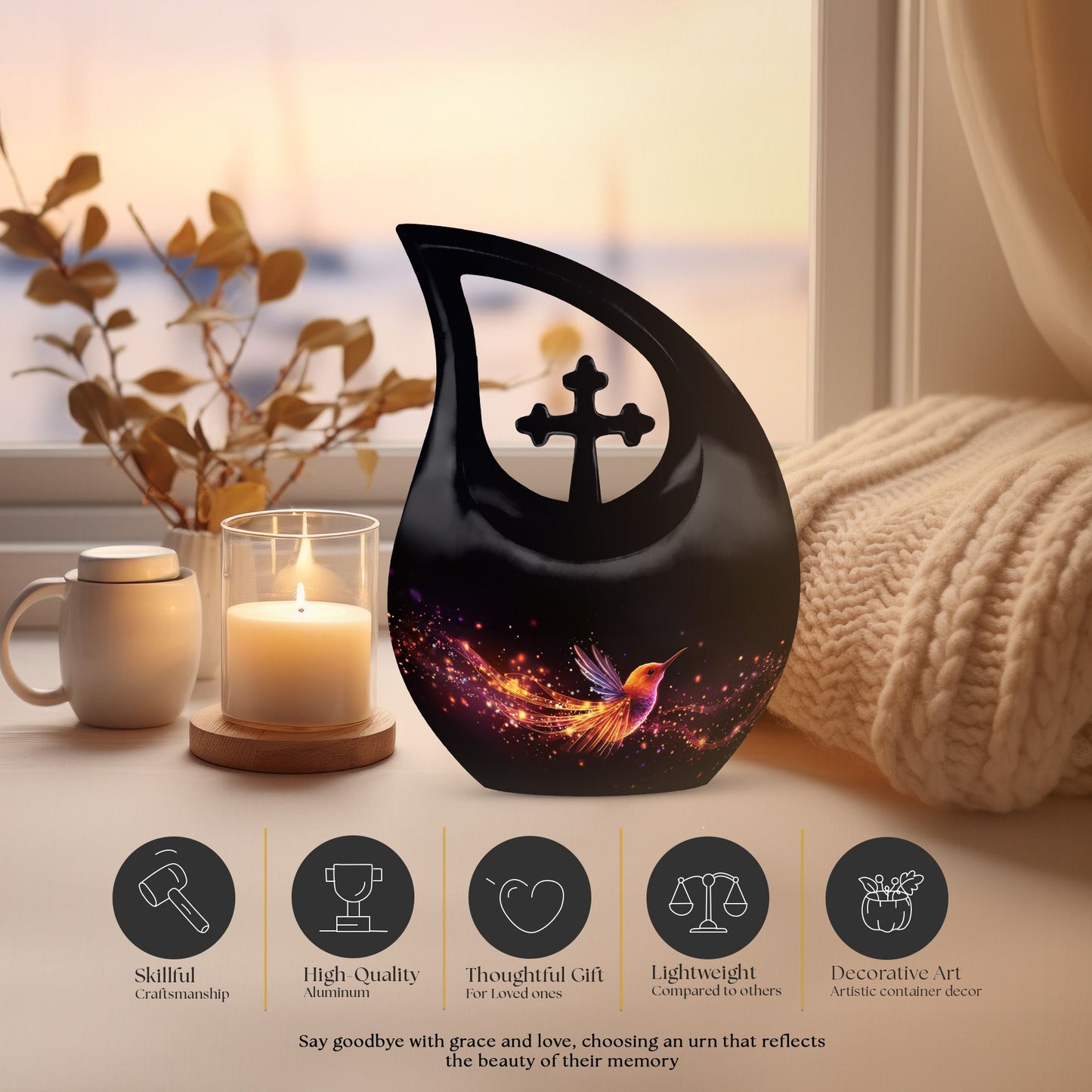 10-inch Phoenix Urn, Double Cremation Urn with Cross Drop 