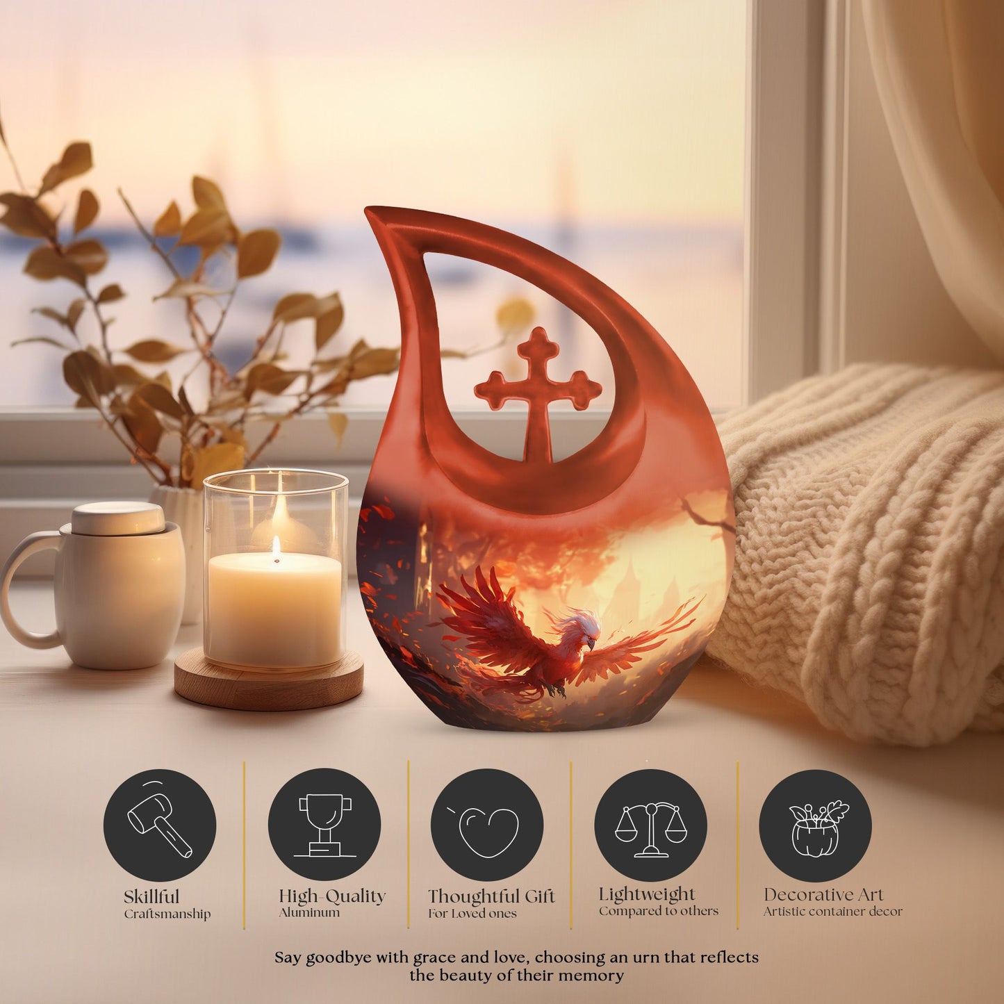 Phoenix-themed Ashes Keepsake for a Man, 10-inch Aluminium 
