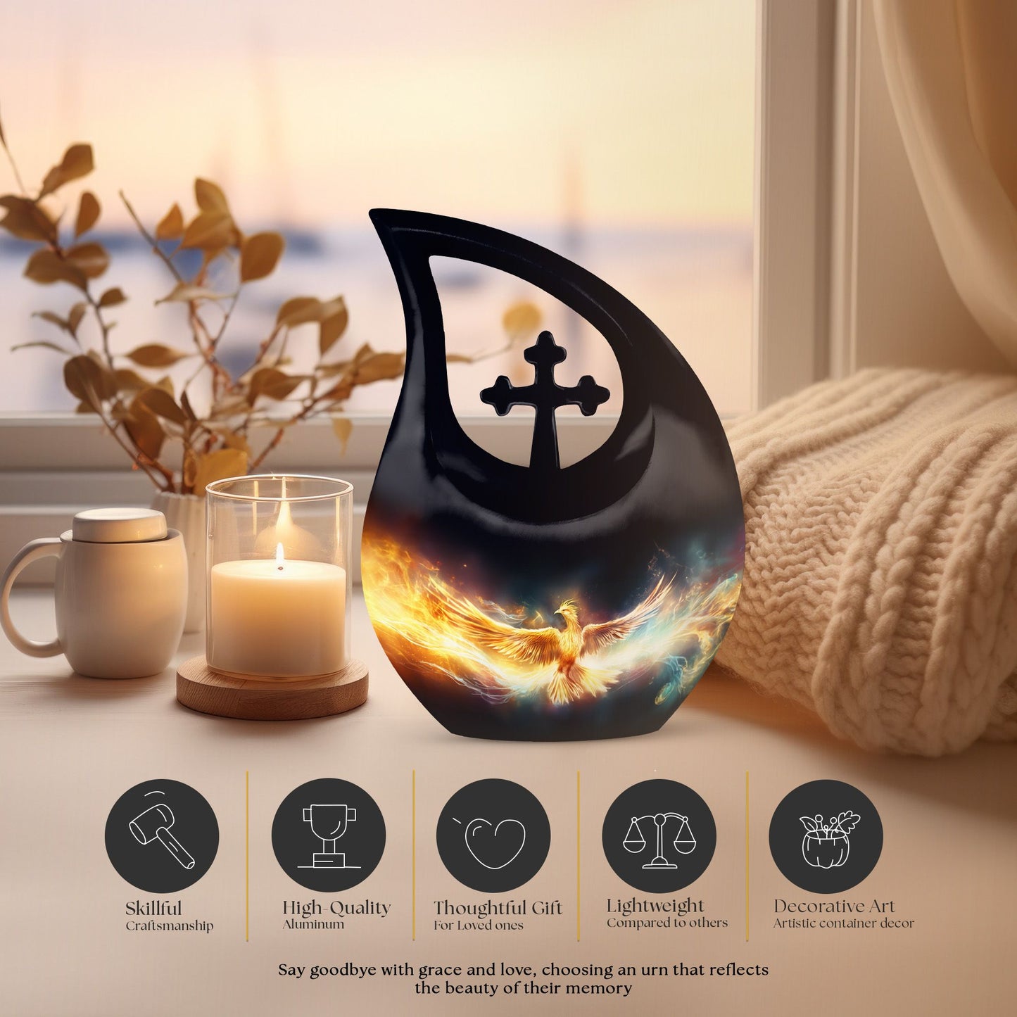 Phoenix-themed Aluminium Cross Drop design 