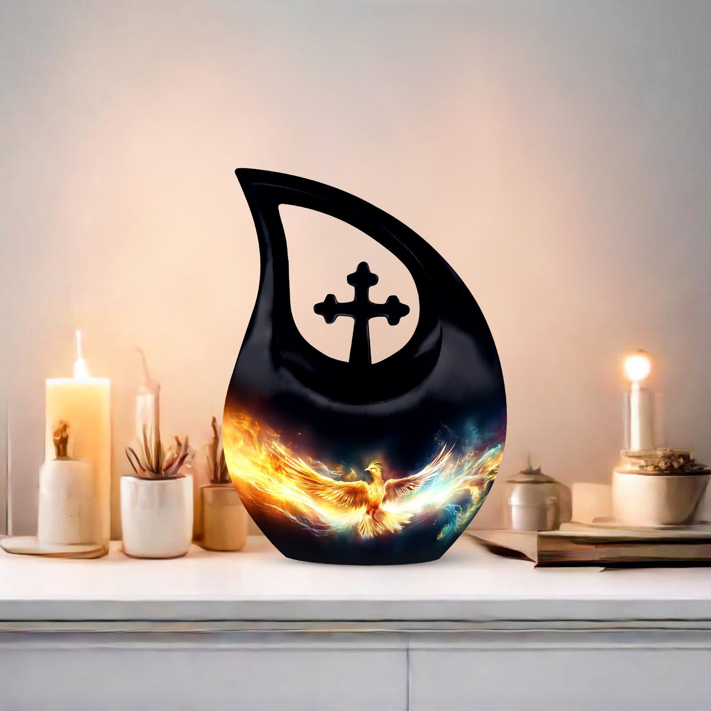 Phoenix-themed Aluminium Cross Drop design 