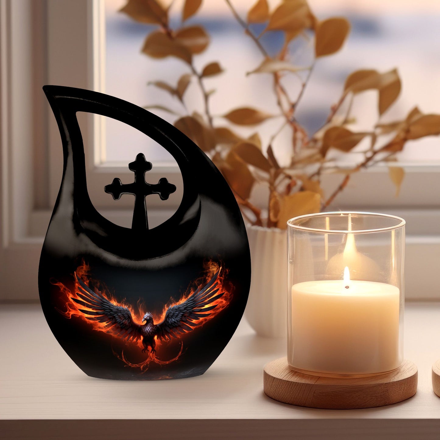 10-inch Phoenix-themed Unusual Urn with Cross Drop 
