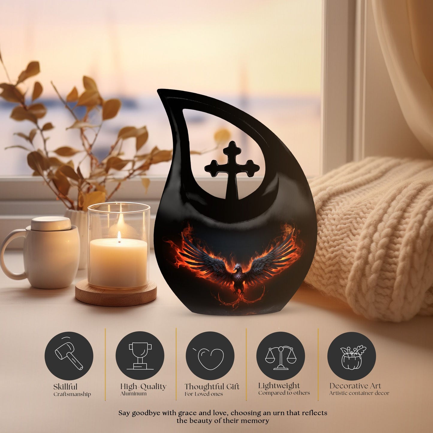 10-inch Phoenix-themed Unusual Urn with Cross Drop 