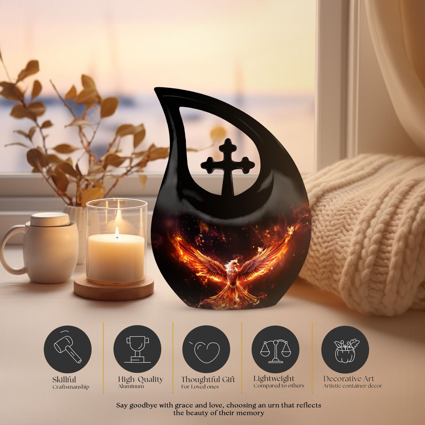 10 inch Phoenix Cremation Urn, Cross Drop design with 