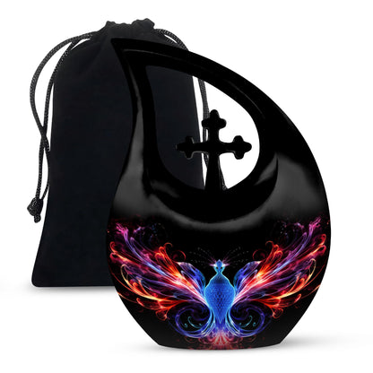 Phoenix Pet Cremations' 10-inch Phoenix Urn with Cross Drop design and personalization option