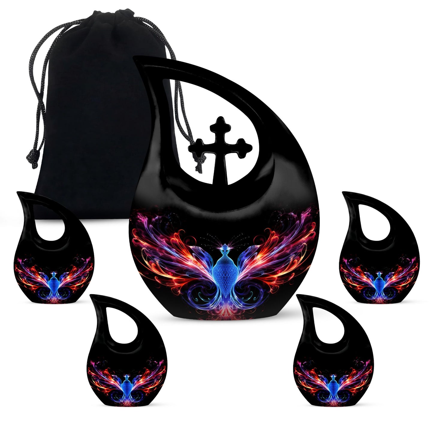 Phoenix Pet Cremations' 10-inch Phoenix Urn with Cross Drop design and personalization option