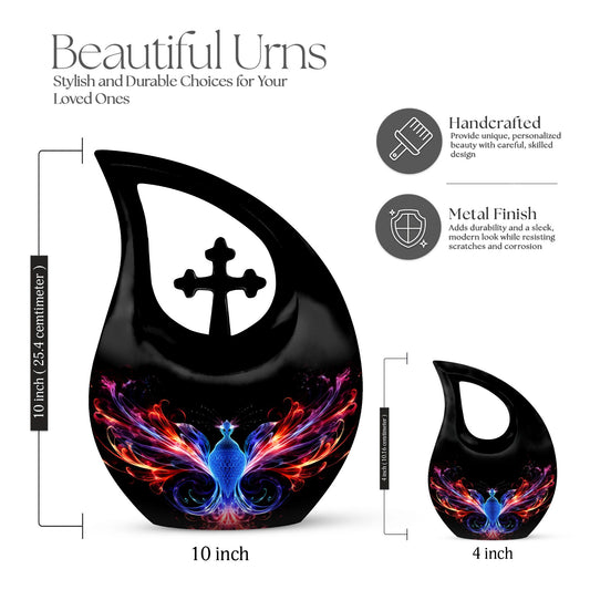 Phoenix Pet Cremations' 10-inch Phoenix Urn with Cross Drop design and personalization option