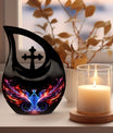 Phoenix Pet Cremations' 10-inch Phoenix Urn with Cross Drop design and personalization option