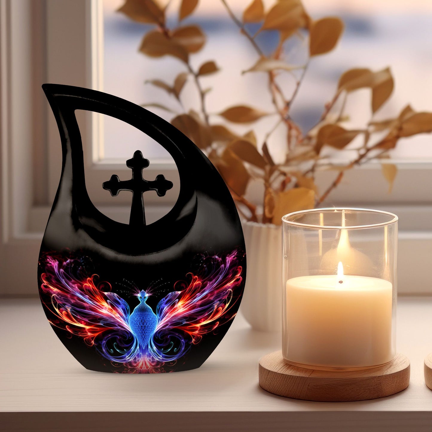 Phoenix Pet Cremations' 10-inch Phoenix Urn with Cross Drop design and personalization option