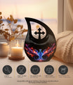 Phoenix Pet Cremations' 10-inch Phoenix Urn with Cross Drop design and personalization option