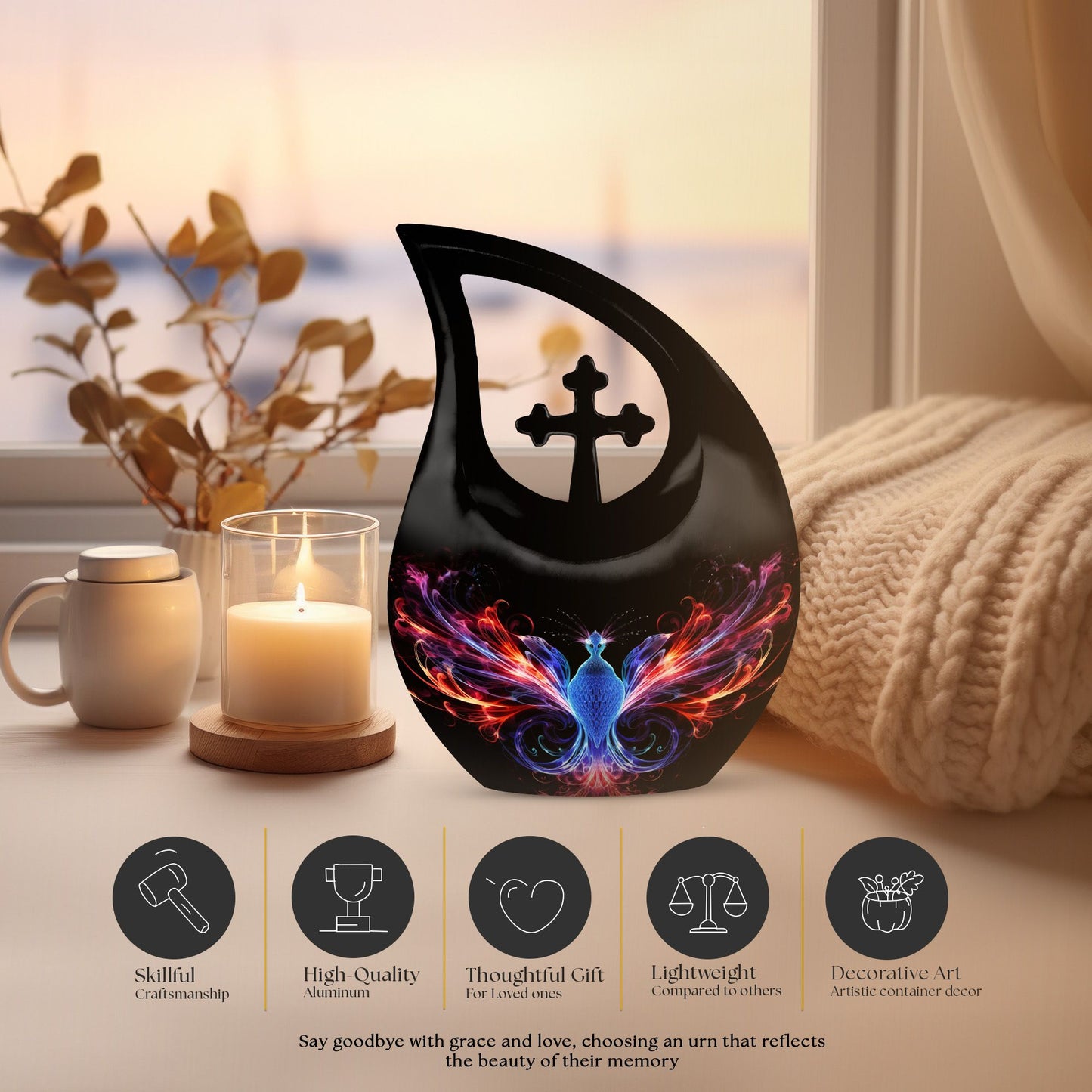 Phoenix Pet Cremations' 10-inch Phoenix Urn with Cross Drop design and personalization option