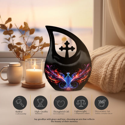 Phoenix Pet Cremations' 10-inch Phoenix Urn with Cross Drop design and personalization option