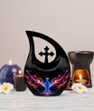 Phoenix Pet Cremations' 10-inch Phoenix Urn with Cross Drop design and personalization option