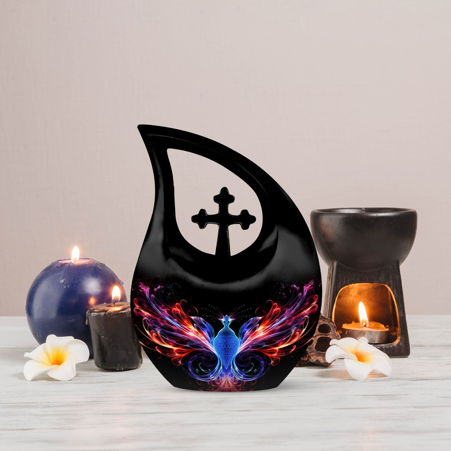 Phoenix Pet Cremations' 10-inch Phoenix Urn with Cross Drop design and personalization option