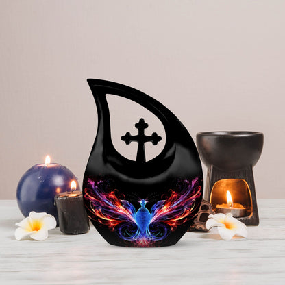 Phoenix Pet Cremations' 10-inch Phoenix Urn with Cross Drop design and personalization option