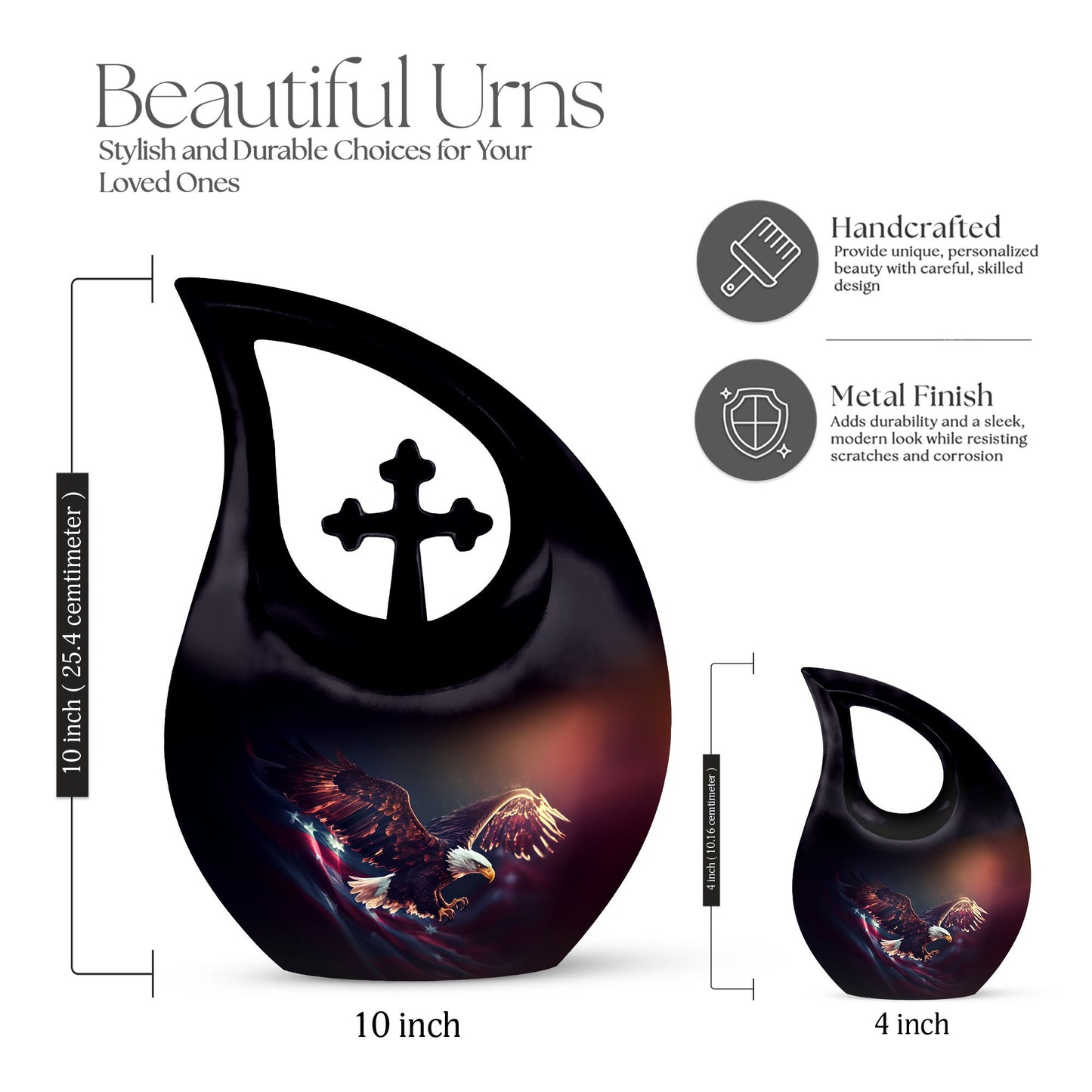 10-inch Eagle themed urn with Cross Drop design, 