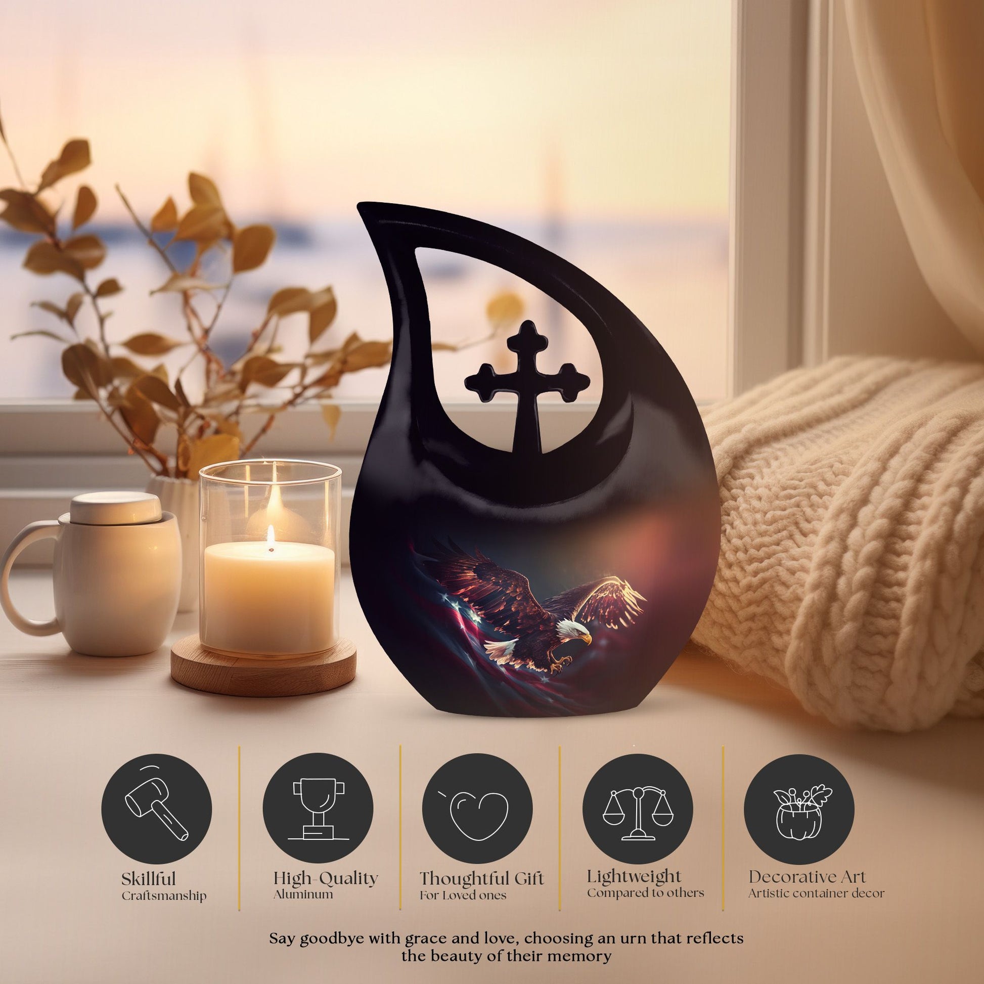 10-inch Eagle themed urn with Cross Drop design, 