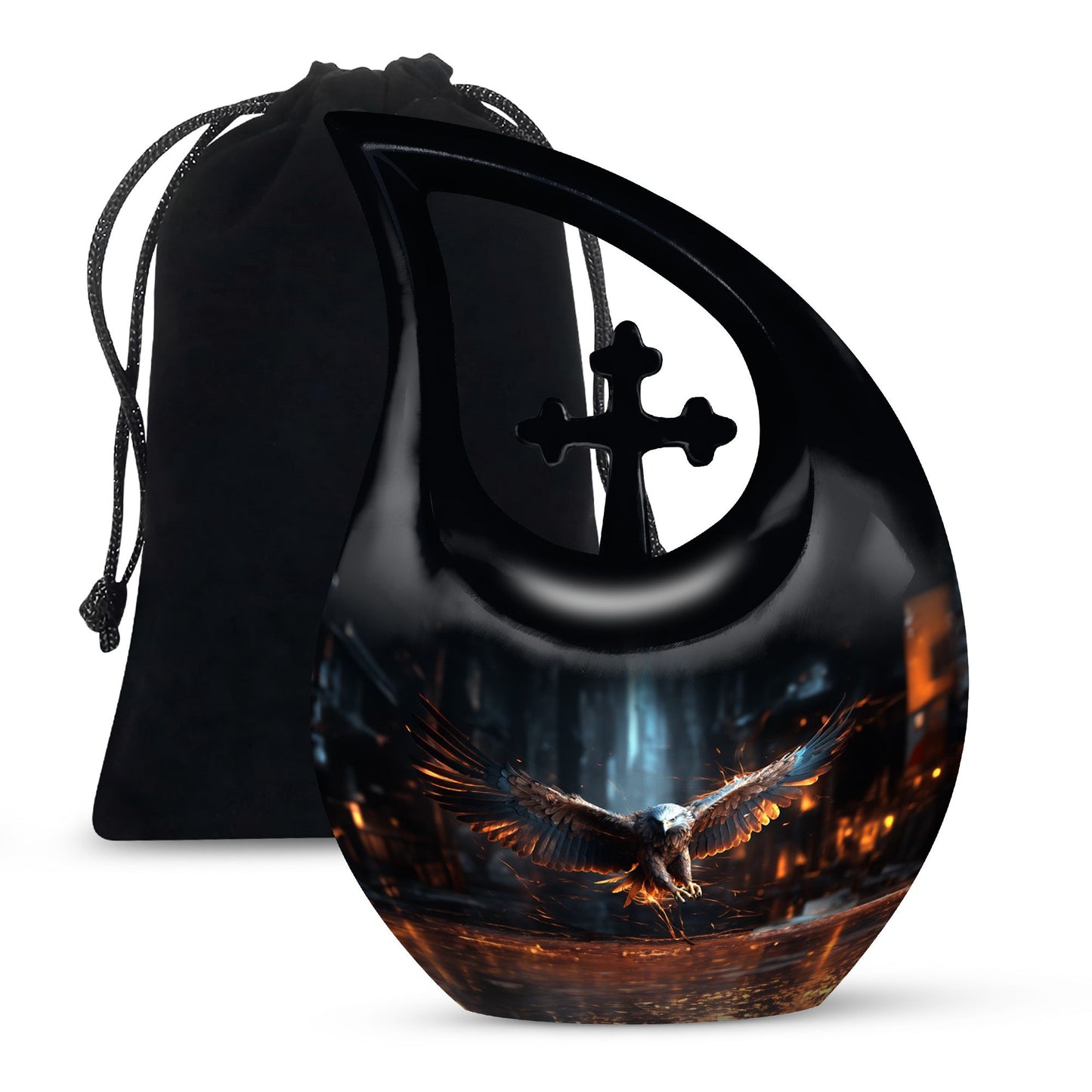 10-inch Eagle Themed Cross Drop urn with Velvet Pouch, 