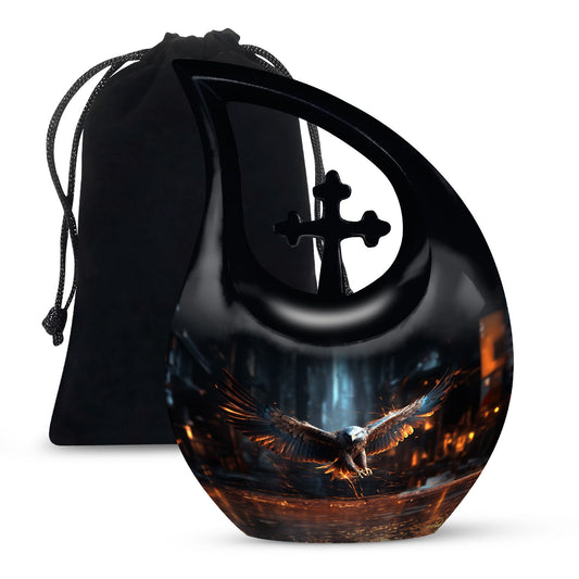 10-inch Eagle Themed Cross Drop urn with Velvet Pouch, 