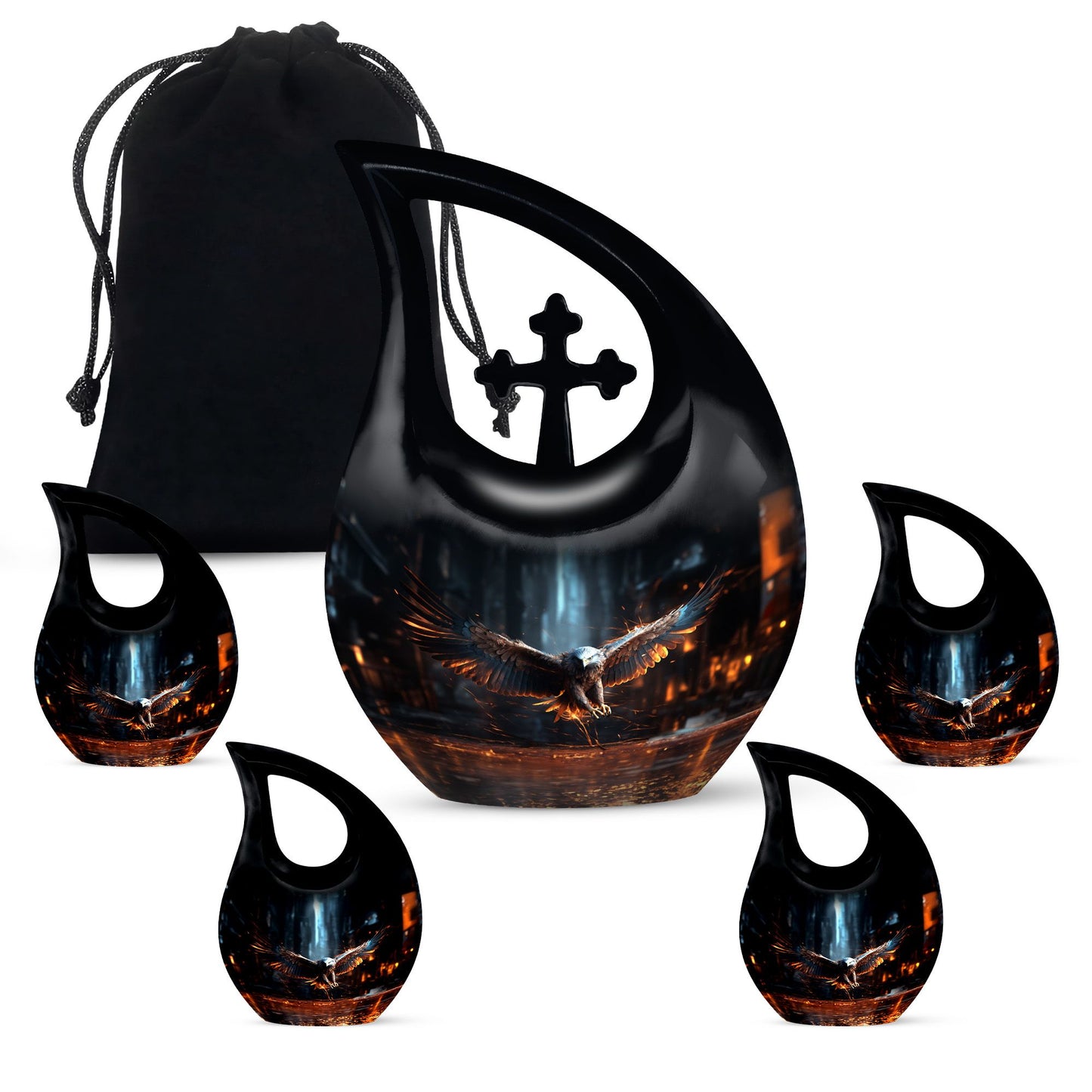 10-inch Eagle Themed Cross Drop urn with Velvet Pouch, 