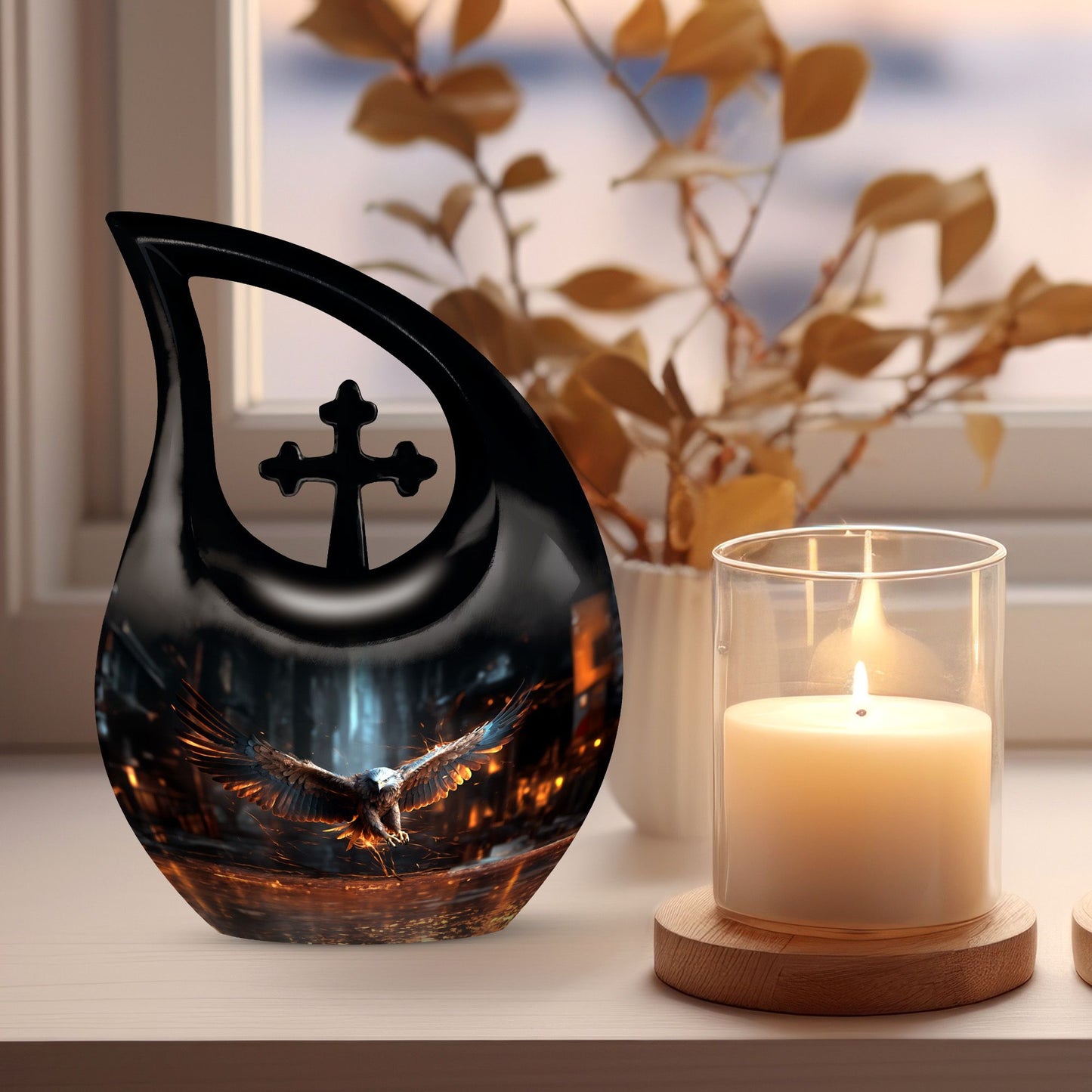 10-inch Eagle Themed Cross Drop urn with Velvet Pouch, 