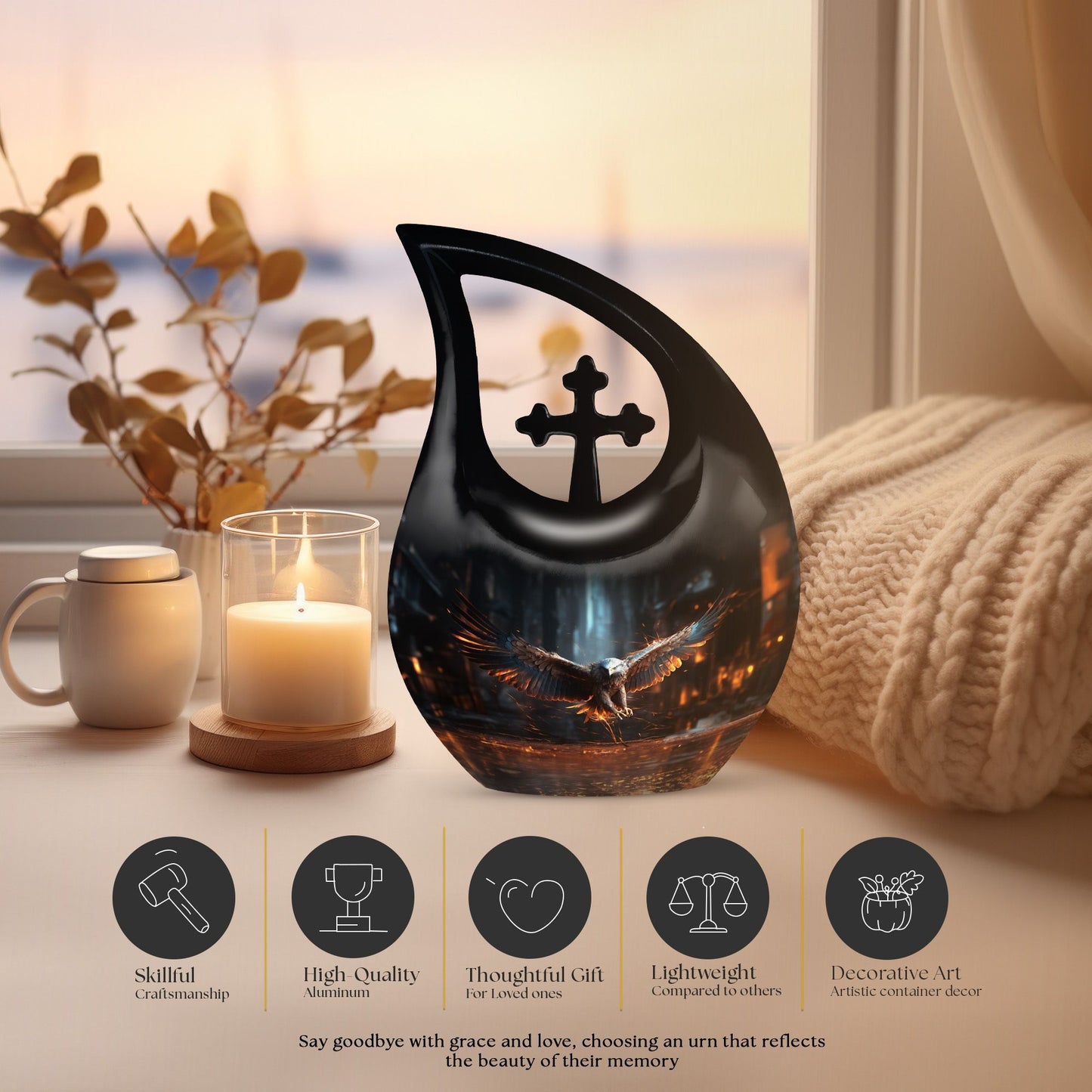 10-inch Eagle Themed Cross Drop urn with Velvet Pouch, 