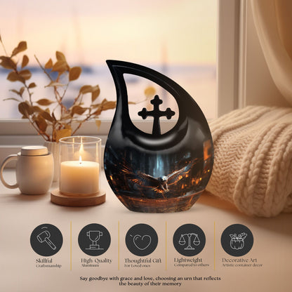 10-inch Eagle Themed Cross Drop urn with Velvet Pouch, 