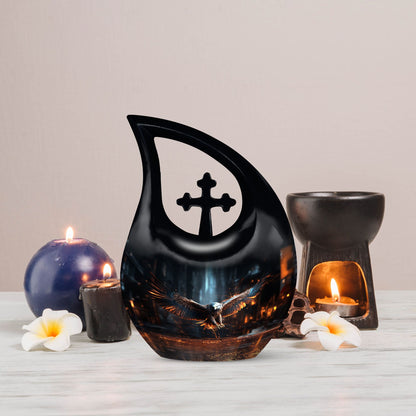 10-inch Eagle Themed Cross Drop urn with Velvet Pouch, 