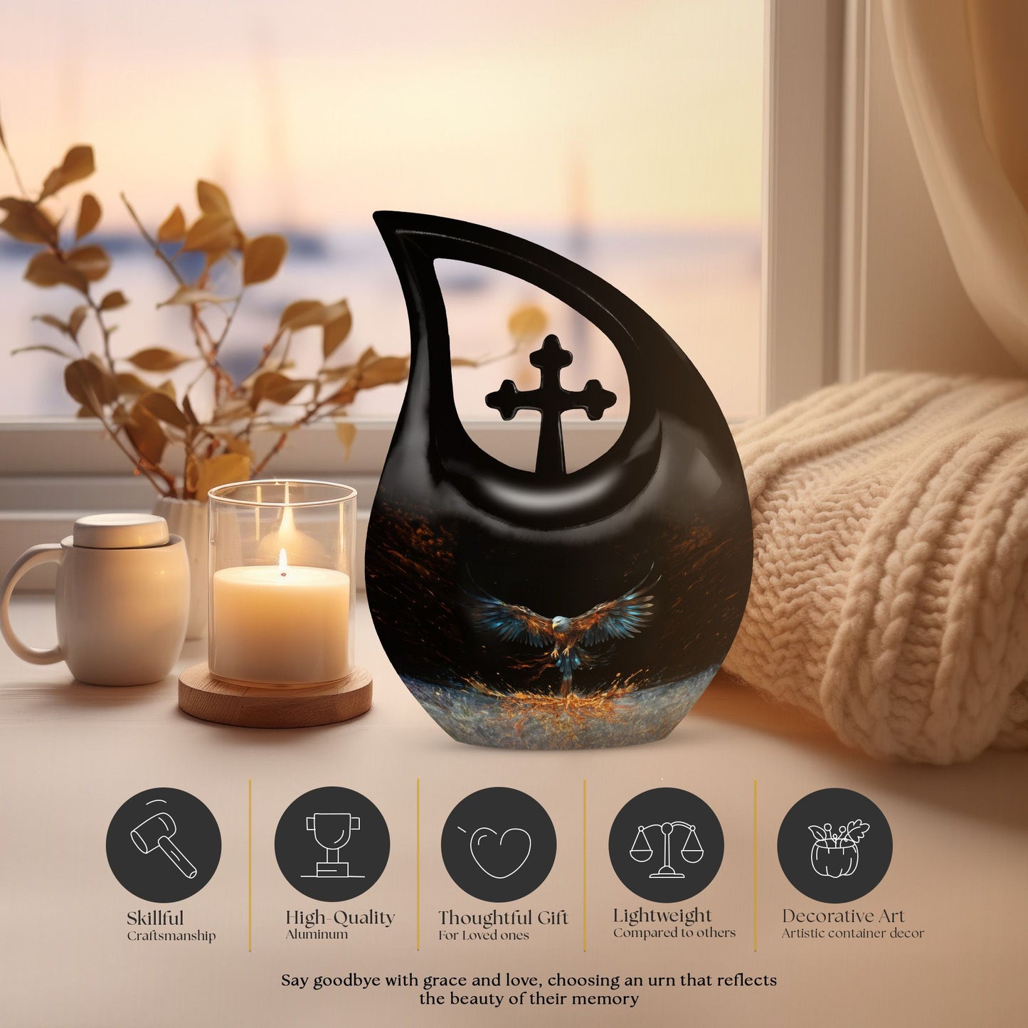 10-inch Eagle Urn, Cross Drop design cremation box 