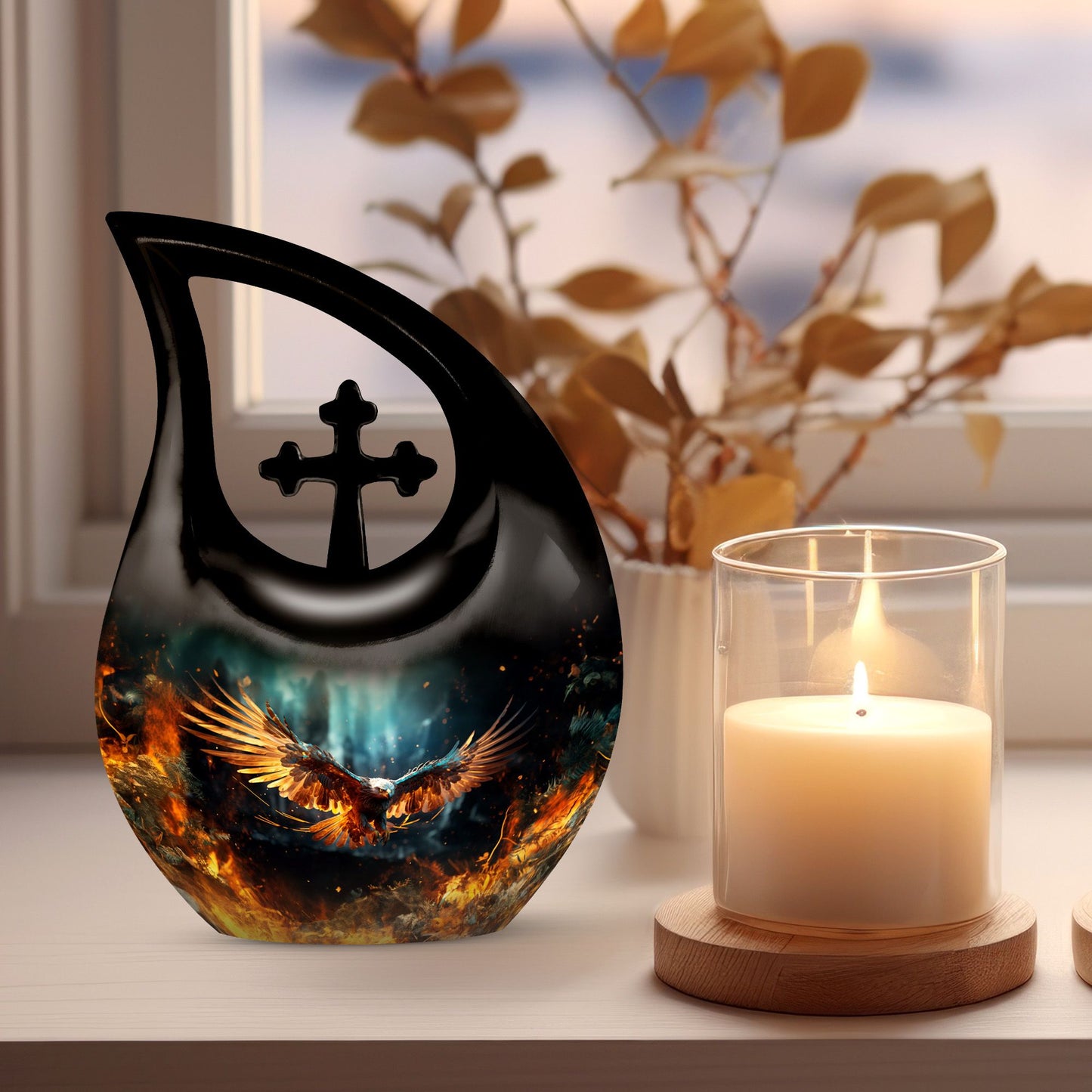 Stylish 10 inch Eagle Urn with Cross Drop design 