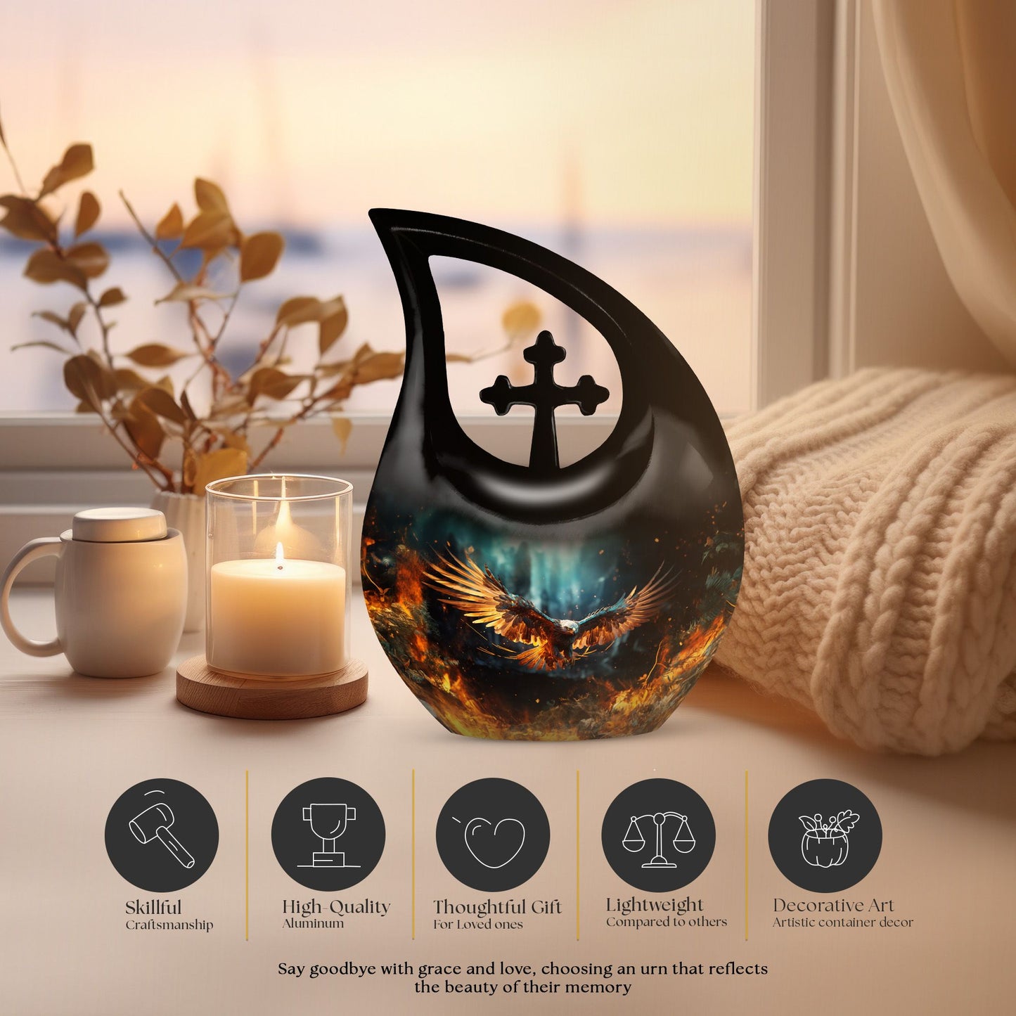 Stylish 10 inch Eagle Urn with Cross Drop design 
