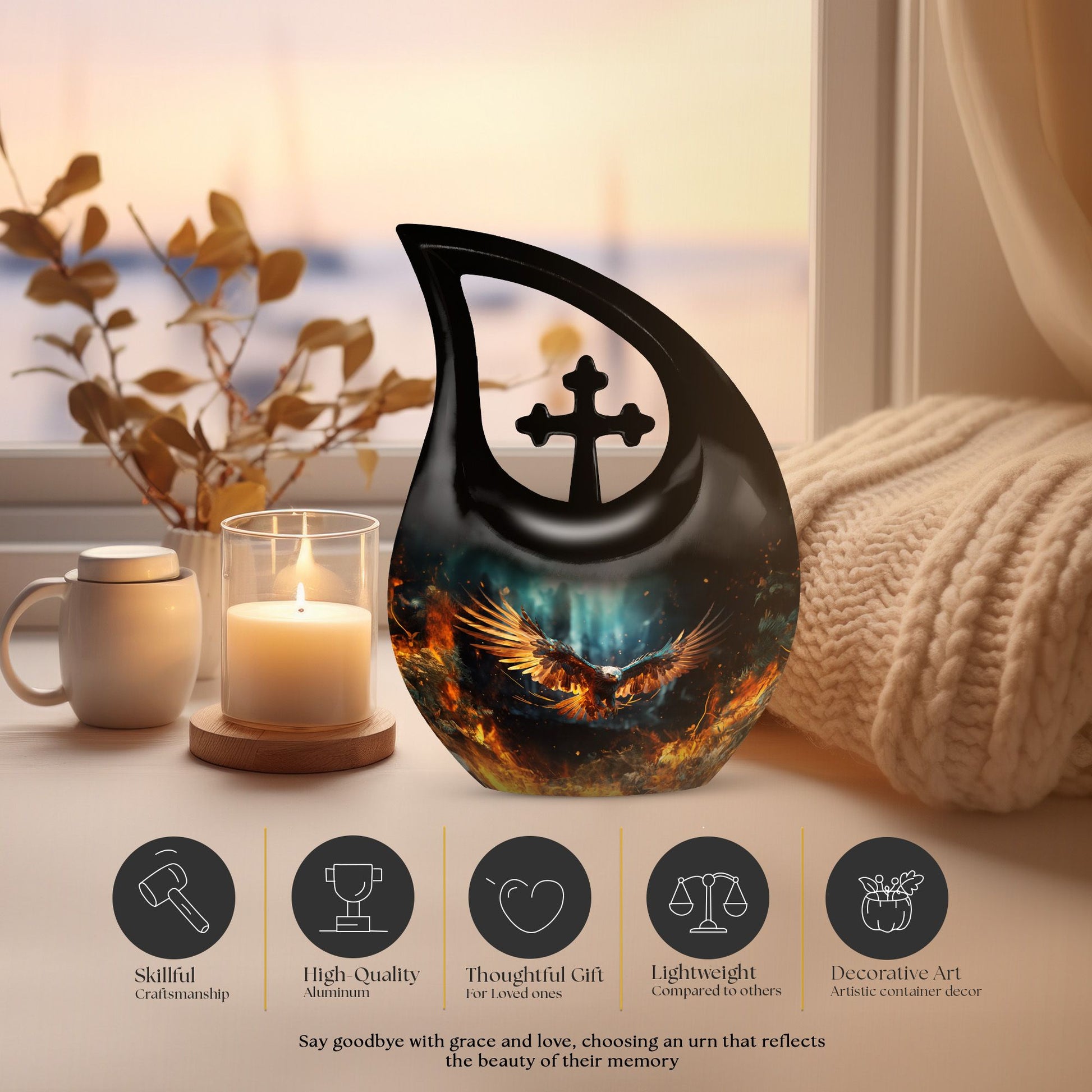 Stylish 10 inch Eagle Urn with Cross Drop design 