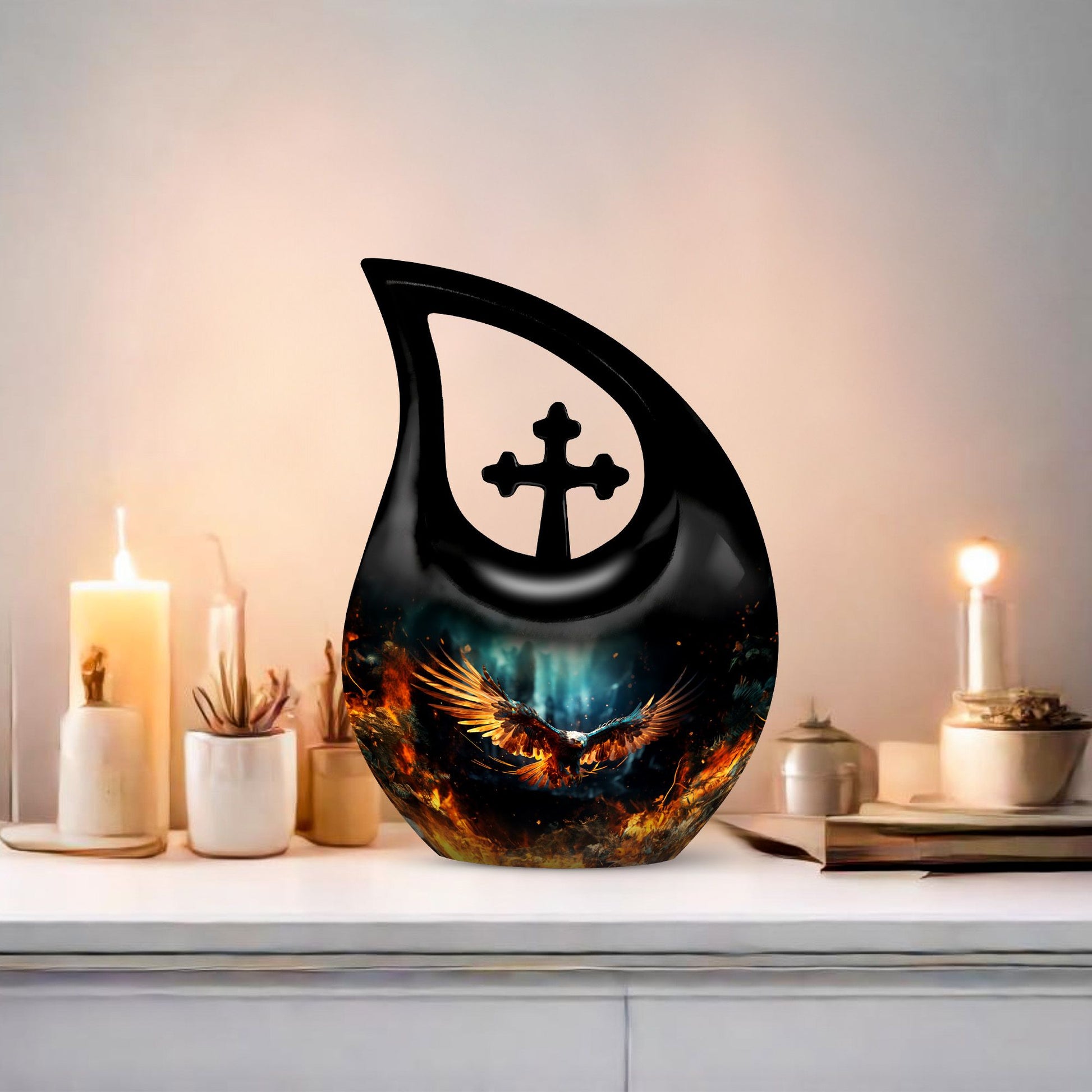 Stylish 10 inch Eagle Urn with Cross Drop design 