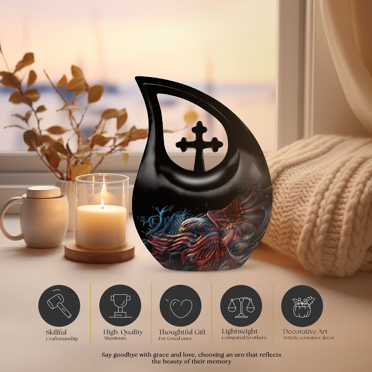 10-inch Eagle Urn with Cross Drop Design for Human Ashes, 
