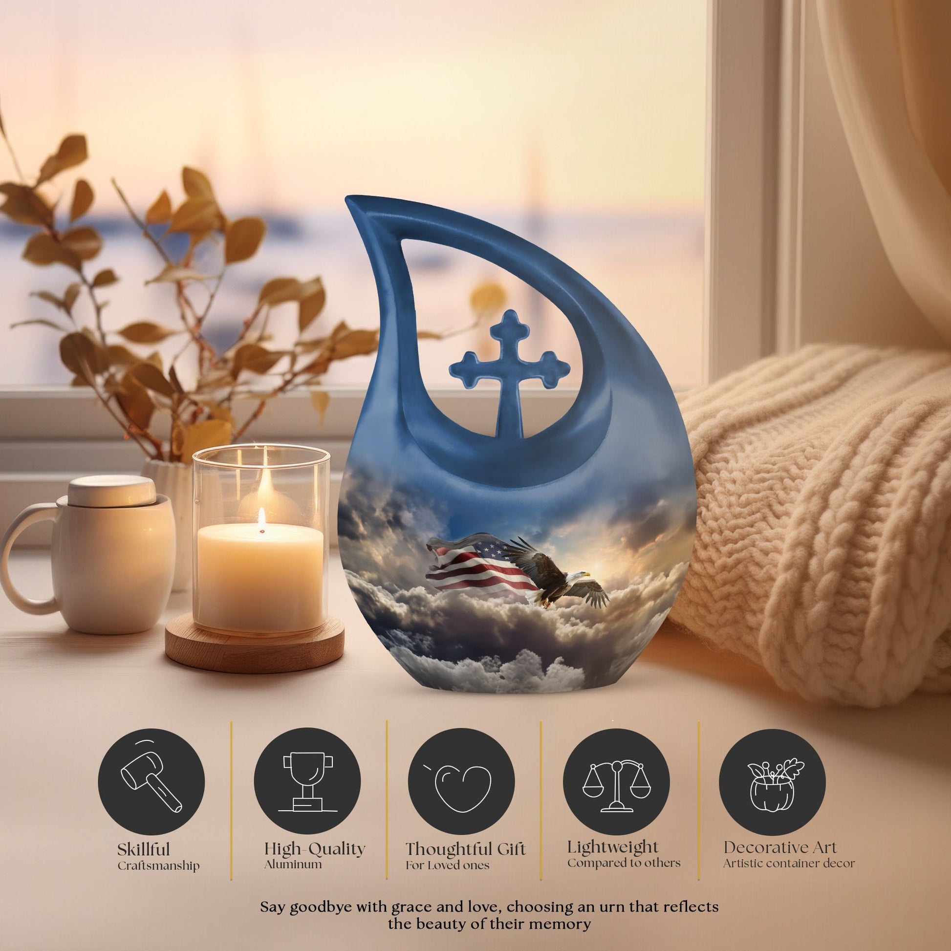 10-inch Eagle-themed Aluminium Cross Drop Urn, 